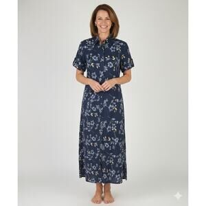 Notations Vintage Maxi Dress Womens Size Small Linen Blend Floral Blue Button Up